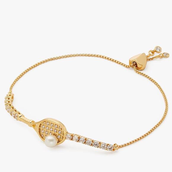 Kate Spade Queen Of The Court Tennis Slider Bracelet Racket Line Gold Pearl Pave - Picture 1 of 9